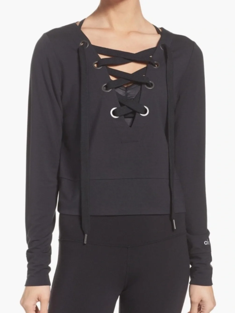 ALO Yoga Ideal Black Lace-Up Pullover Top - S
